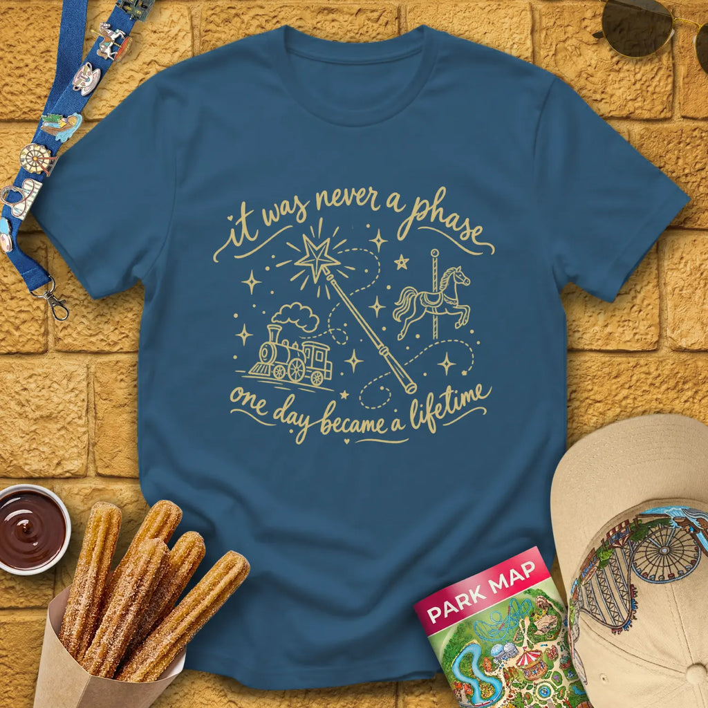 Never A Phase [Doodle] T-Shirt for Theme Park Fans (Indigo Blue)