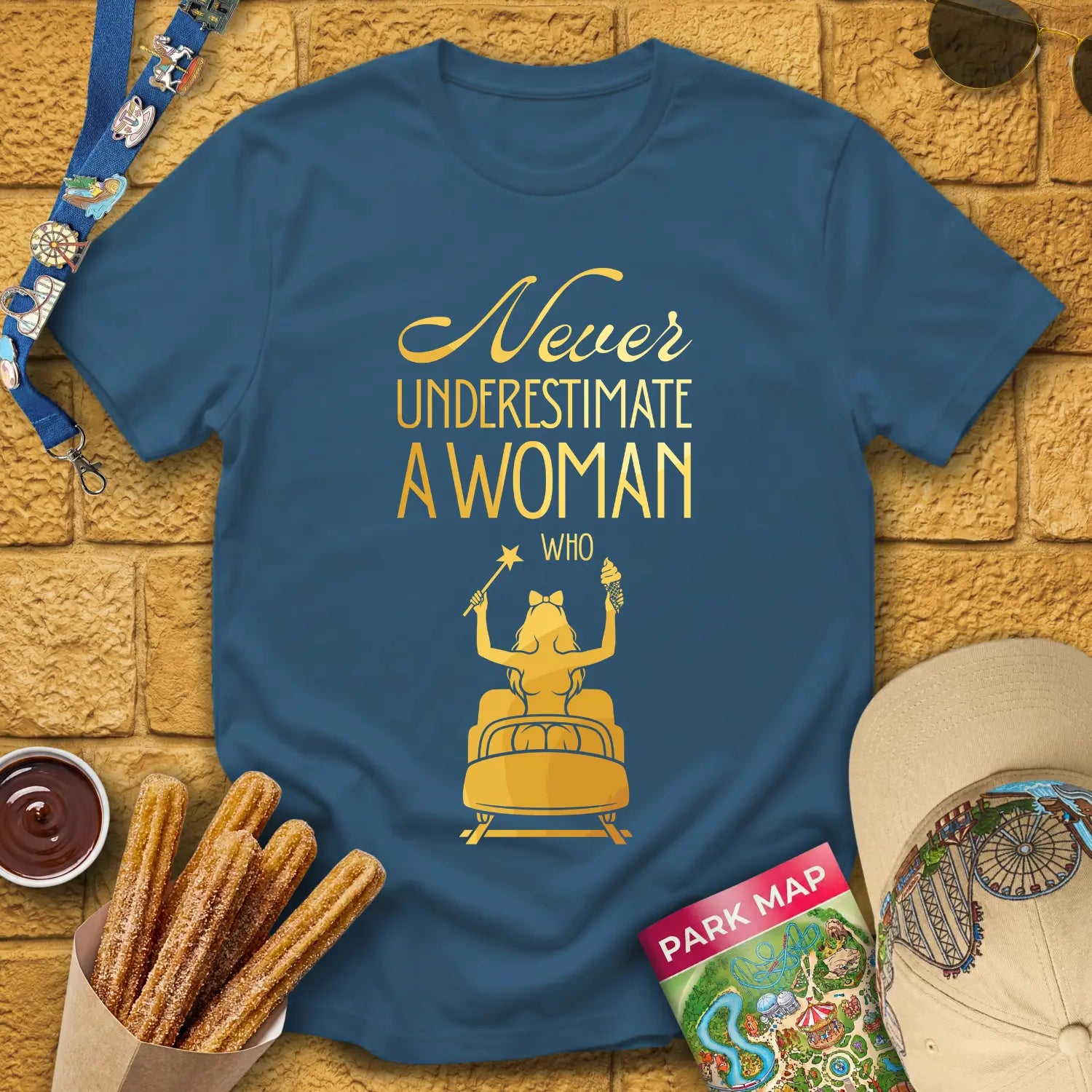 Never Underestimate [Elite] T-Shirt for Theme Park Fans (Indigo Blue)