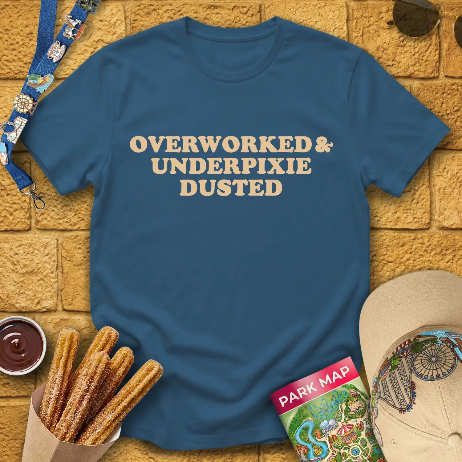 Overworked & UnderPixieDusted [Bold] T-Shirt for Theme Park Fans (Indigo Blue)