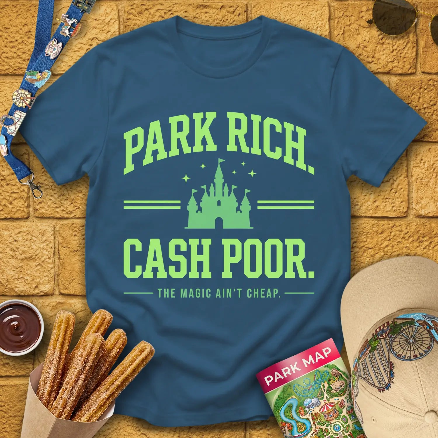 Park Rich Cash Poor [College] T-Shirt for Theme Park Fans (Indigo Blue)