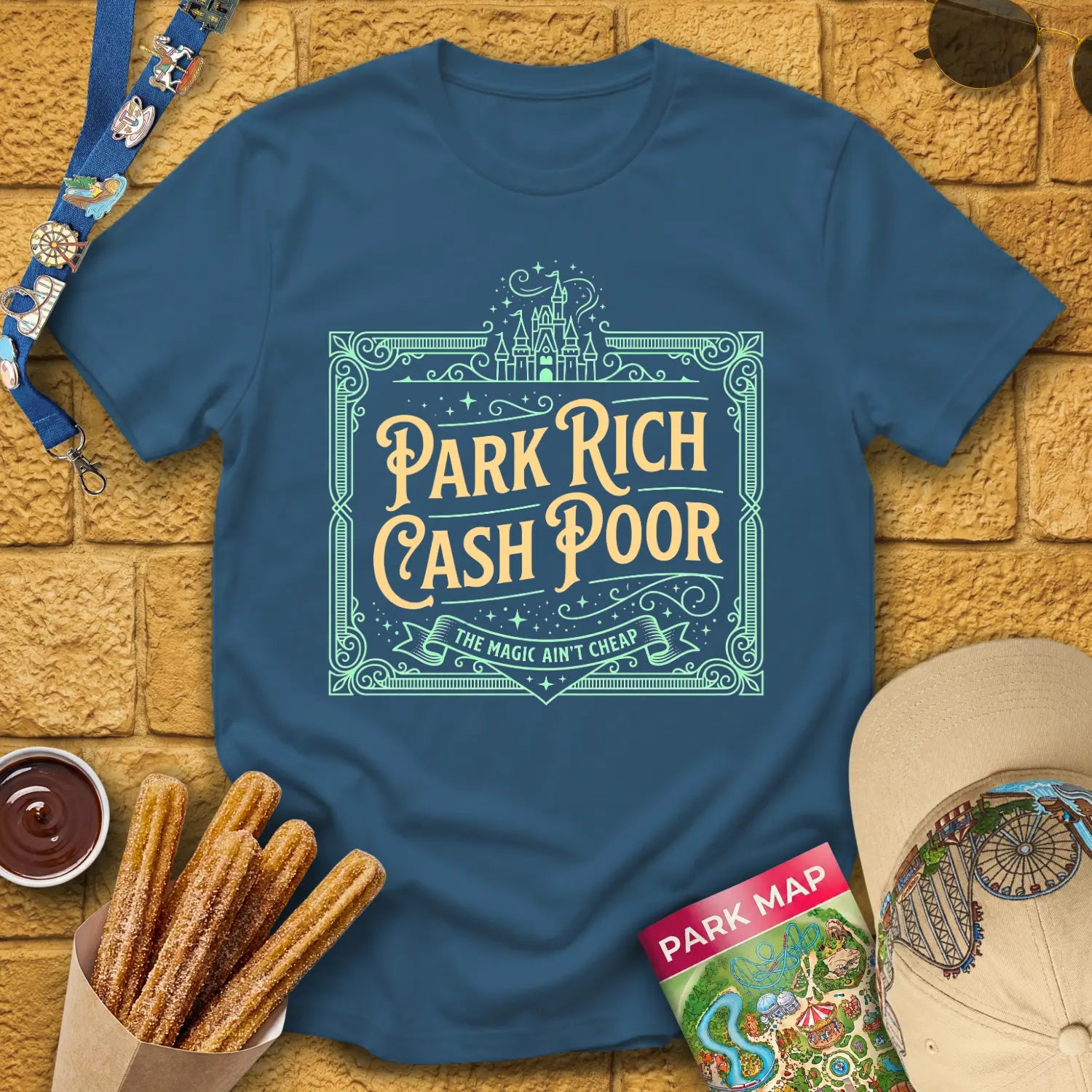 Park Rich Cash Poor [Victorian] T-Shirt for Theme Park Fans (Indigo Blue)