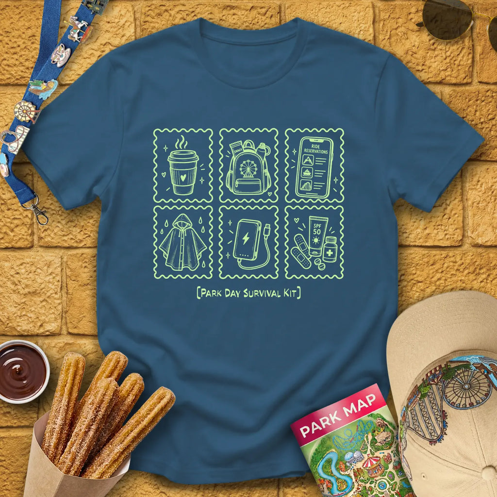 Park Survival Kit [Doodle] T-Shirt for Theme Park Fans (Indigo Blue)