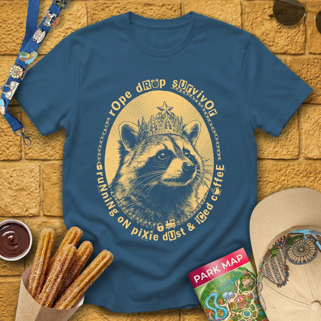 Rope Drop Raccoon [Grunge] T-Shirt for Theme Park Fans (Indigo Blue)