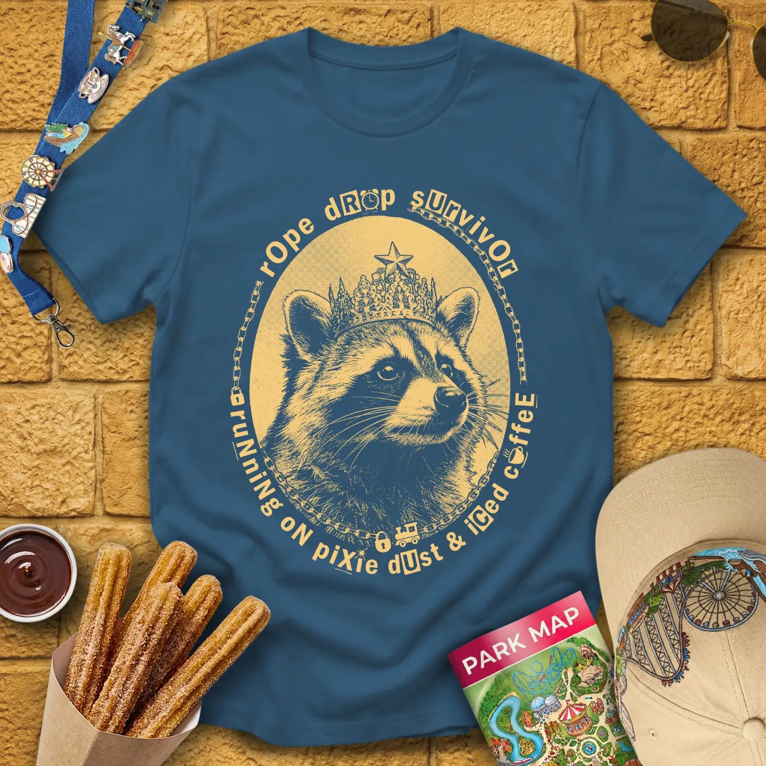 Rope Drop Raccoon [Grunge] T-Shirt for Theme Park Fans (Indigo Blue)