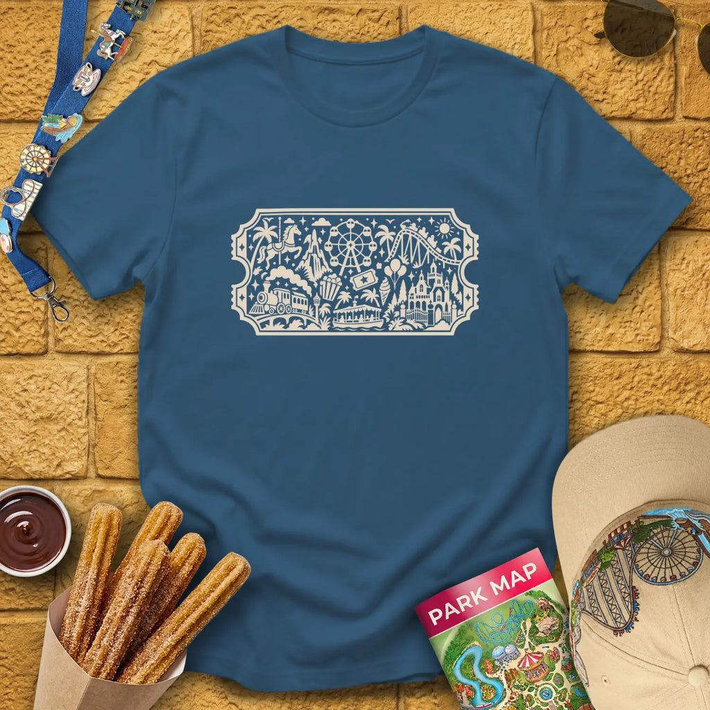Theme Park Ticket [Doodle] T-Shirt for Theme Park Fans (Indigo Blue)