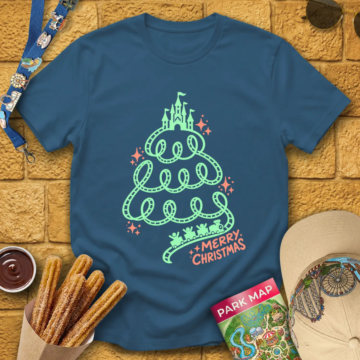 Xmas Train Tree [Monoline] T-Shirt for Theme Park Fans (Indigo Blue)