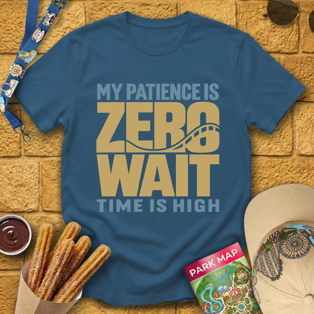 Zero Wait [Bold] T-Shirt for Theme Park Fans (Indigo Blue)