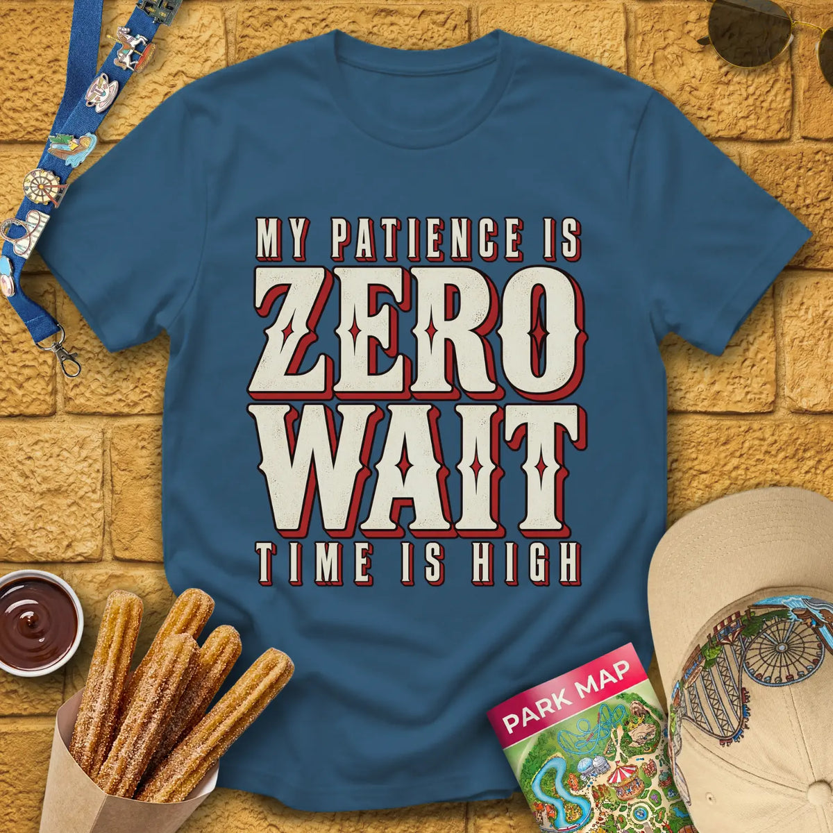 Zero Wait [MidCen] T-Shirt for Theme Park Fans (Indigo Blue)