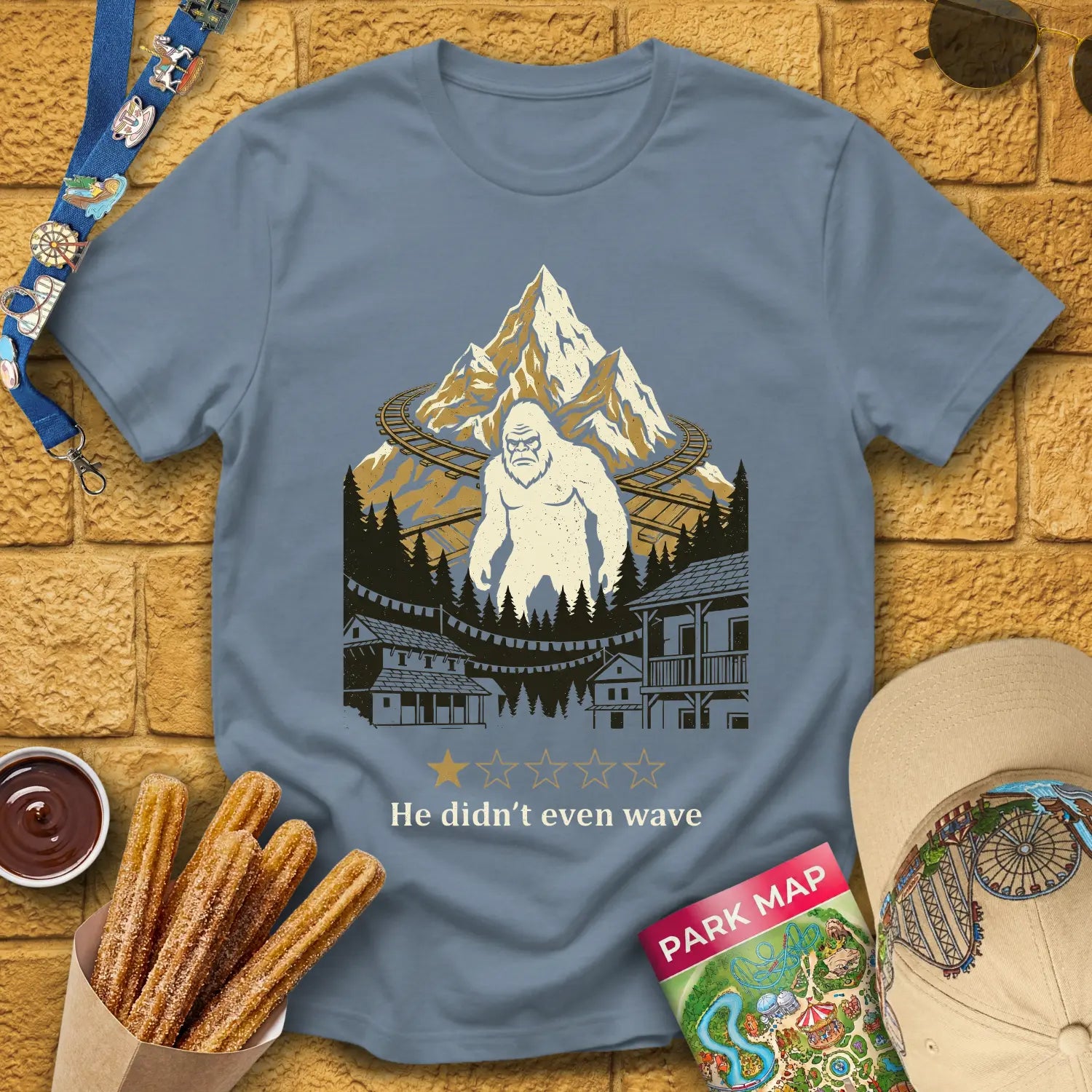 Everest Yeti [LinoCut] T-Shirt for Theme Park Fans (Stone Blue)