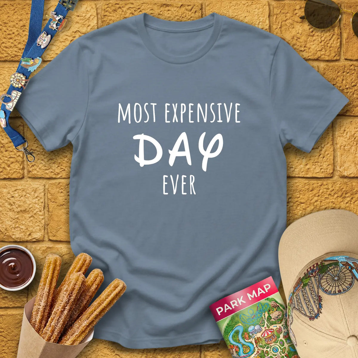 Most Expensive Day [Loose] T-Shirt for Theme Park Fans (Stone Blue)