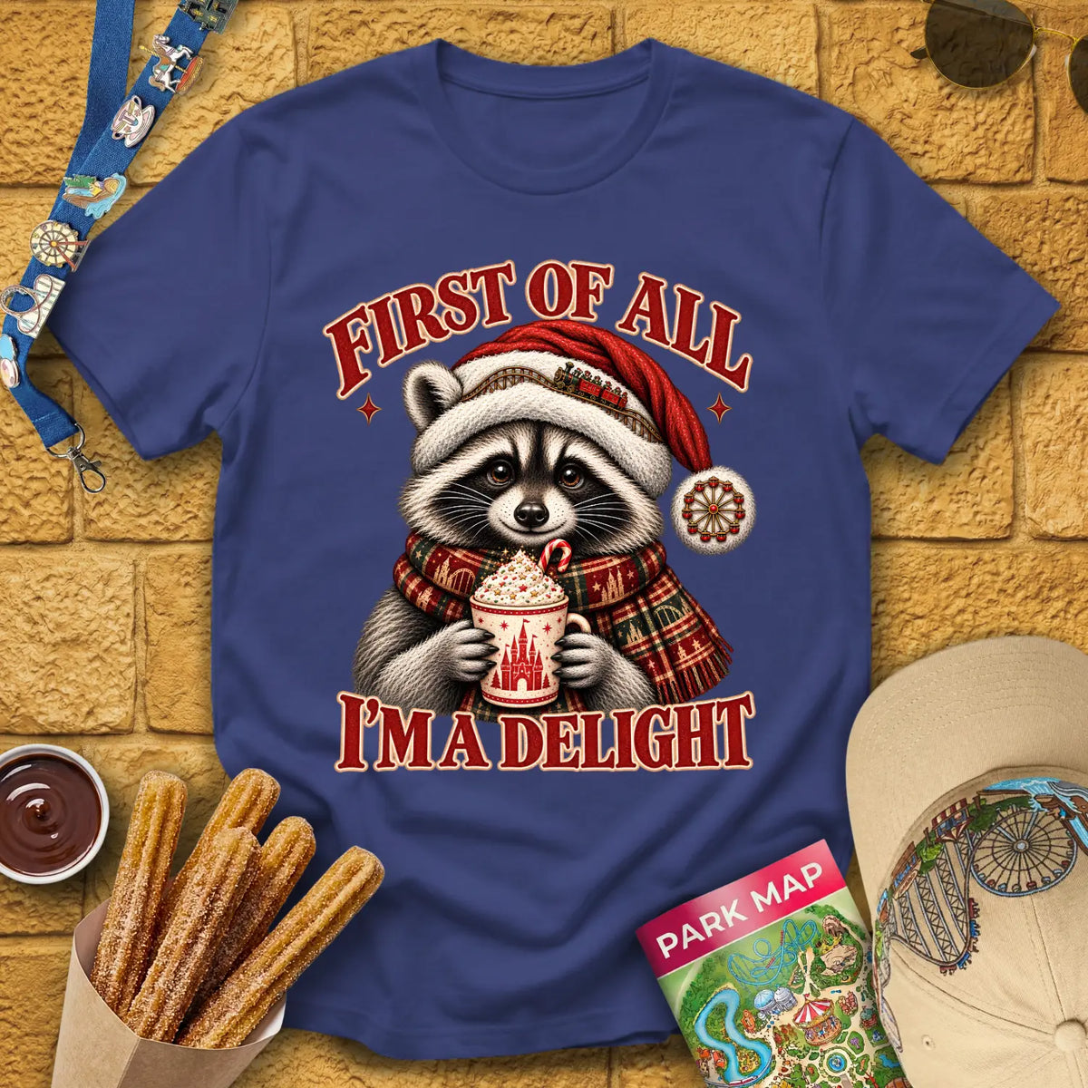 Xmas Raccoon [Etched] T-Shirt for Theme Park Fans (Metro Blue)