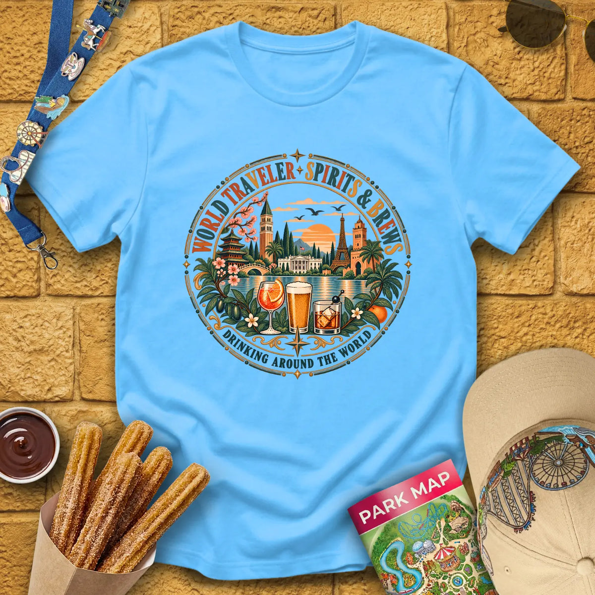 Drinking Around The World [Boho] T-Shirt for Theme Park Fans (Sky)