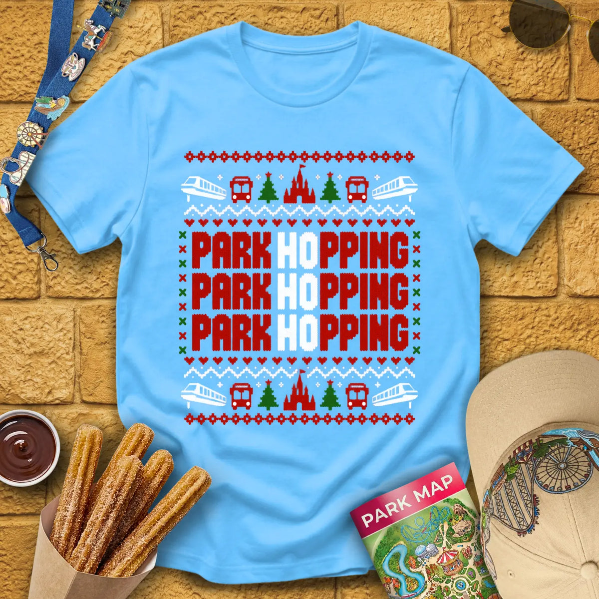 Ho Ho Hopping [PixKnit] T-Shirt for Theme Park Fans (Sky)