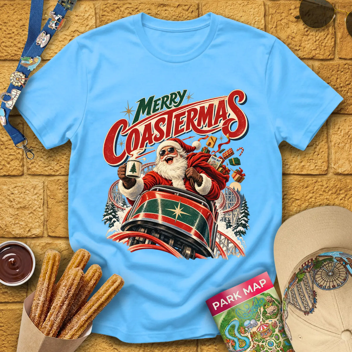 Merry Coastermas [50s] T-Shirt for Theme Park Fans (Sky)