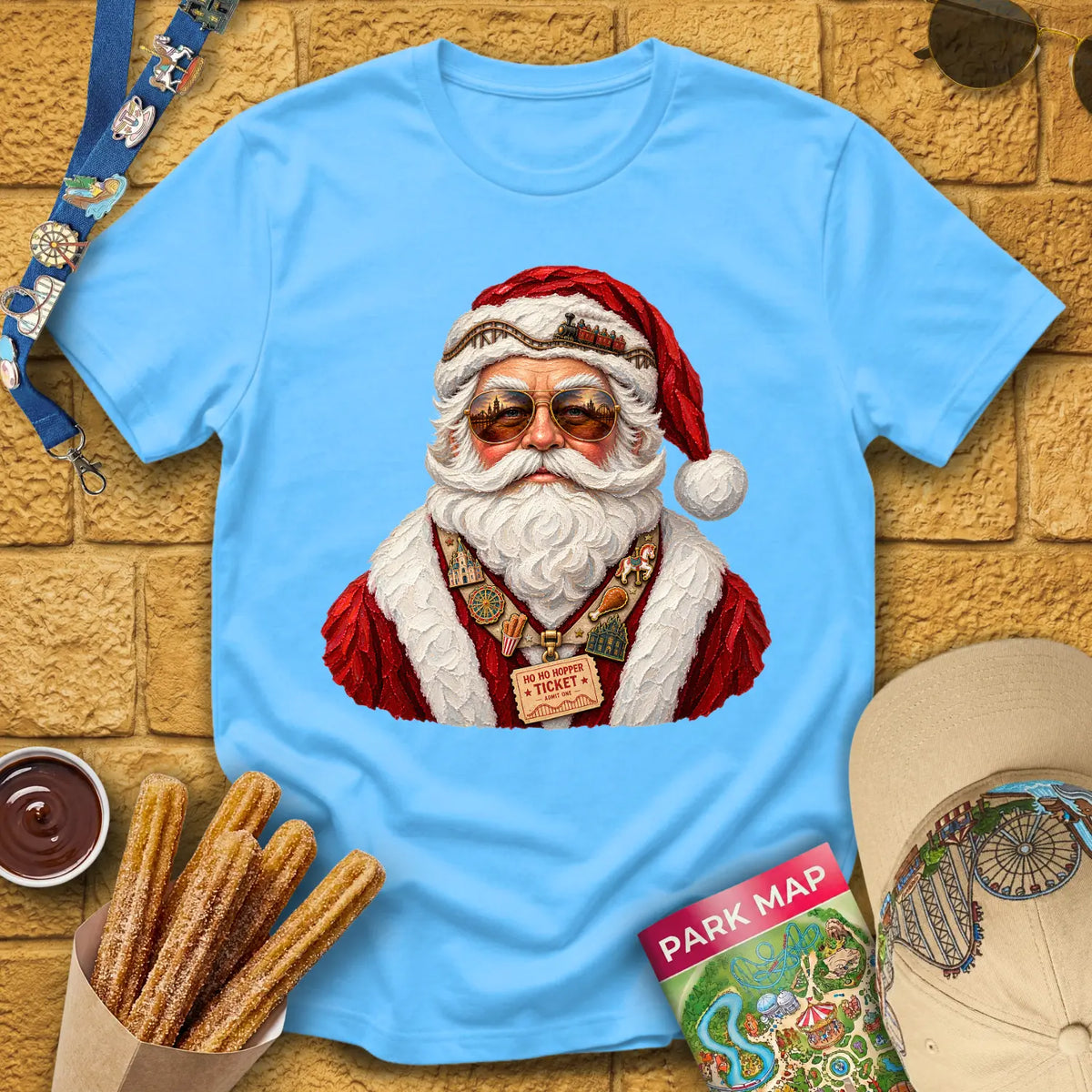 Theme Park Santa [Impasto] T-Shirt for Theme Park Fans (Sky)