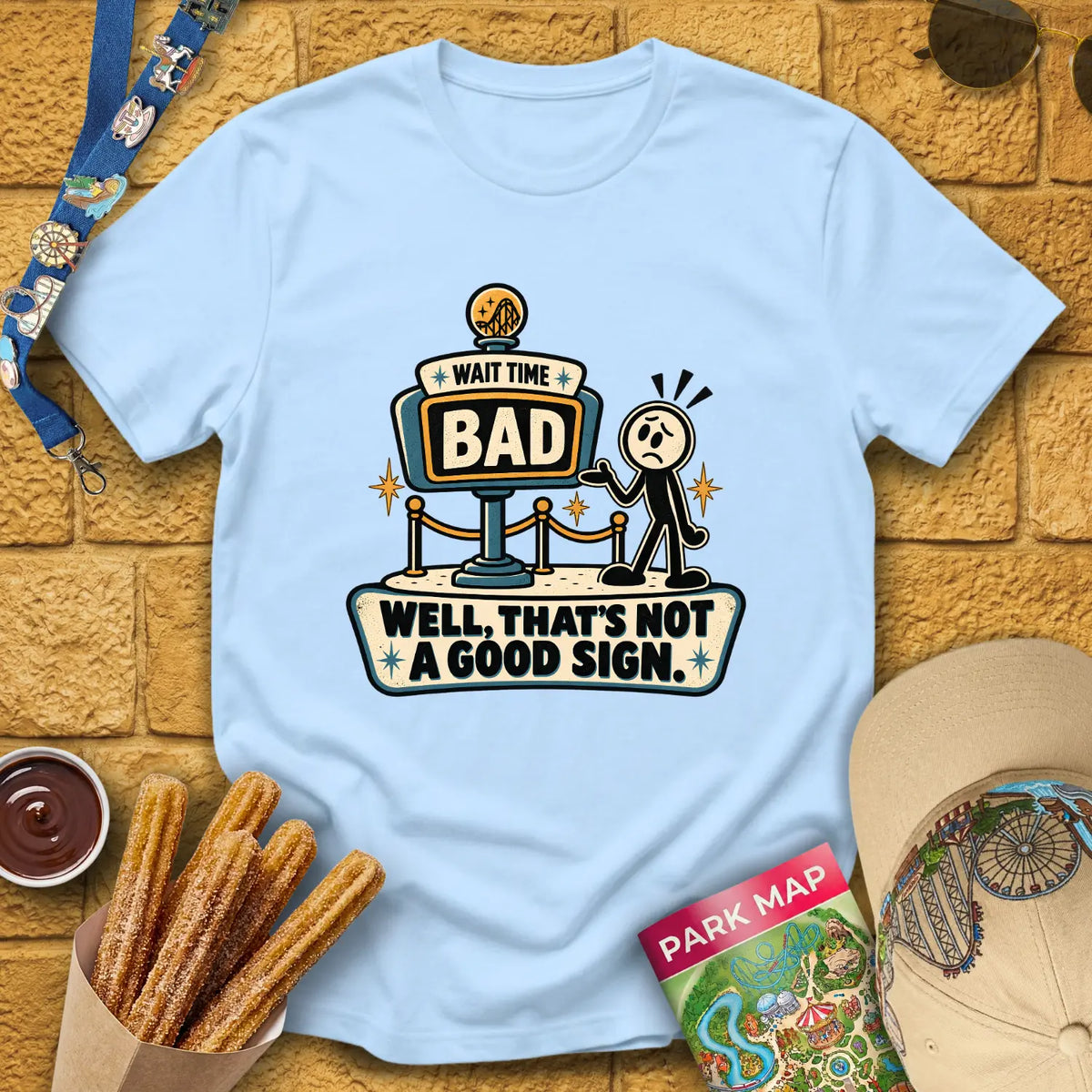 Bad Wait Time [RetroIllu] T-Shirt for Theme Park Fans (Light Blue)