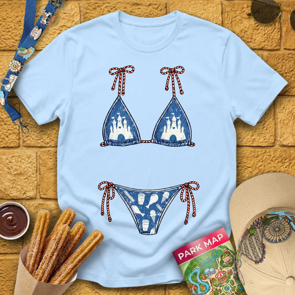 Bikini [Distressed] T-Shirt for Theme Park Fans (Light Blue)