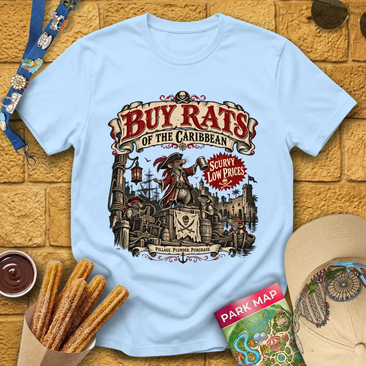 Buy Rats Caribbean [Poster] T-Shirt for Theme Park Fans (Light Blue)