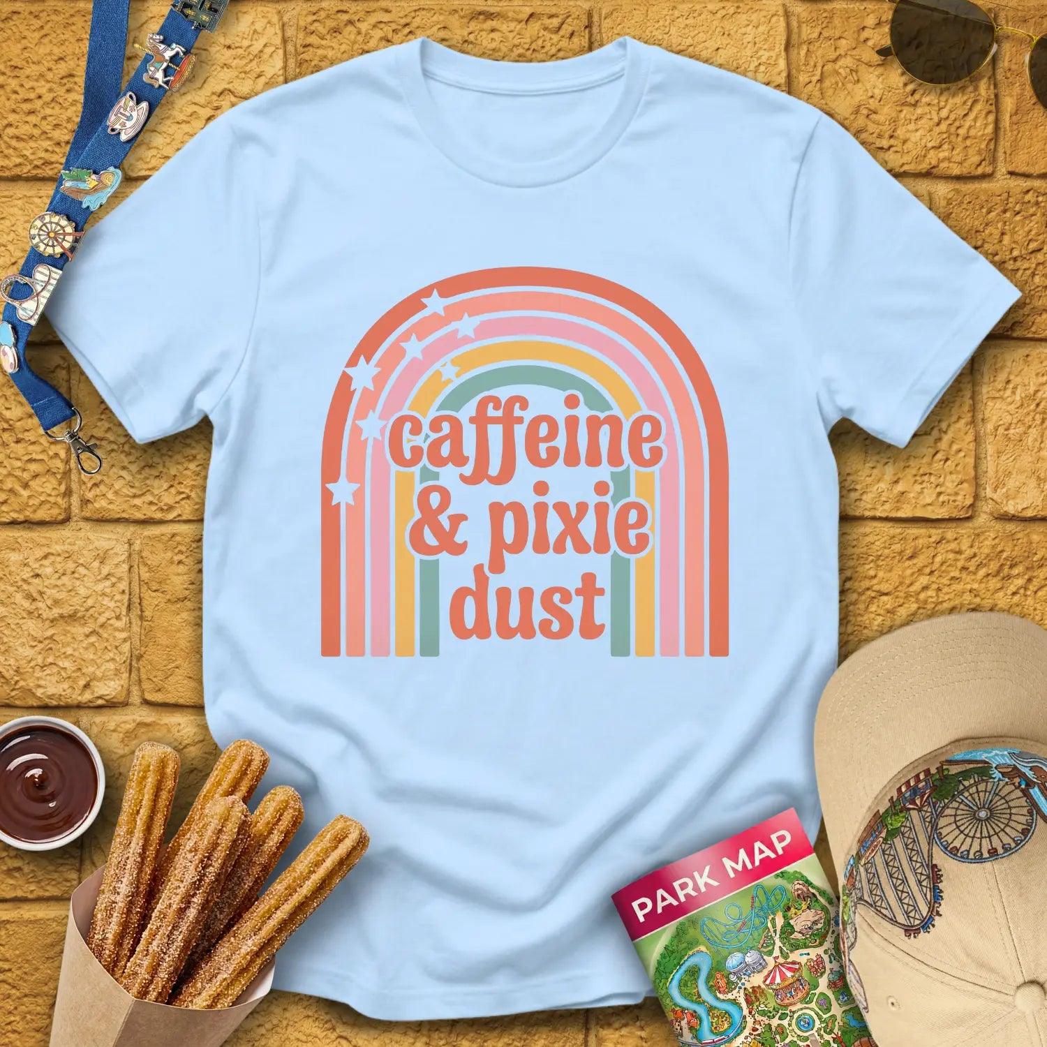 Caffeine & Pixie Dust [Cute70s] T-Shirt for Theme Park Fans (Light Blue)
