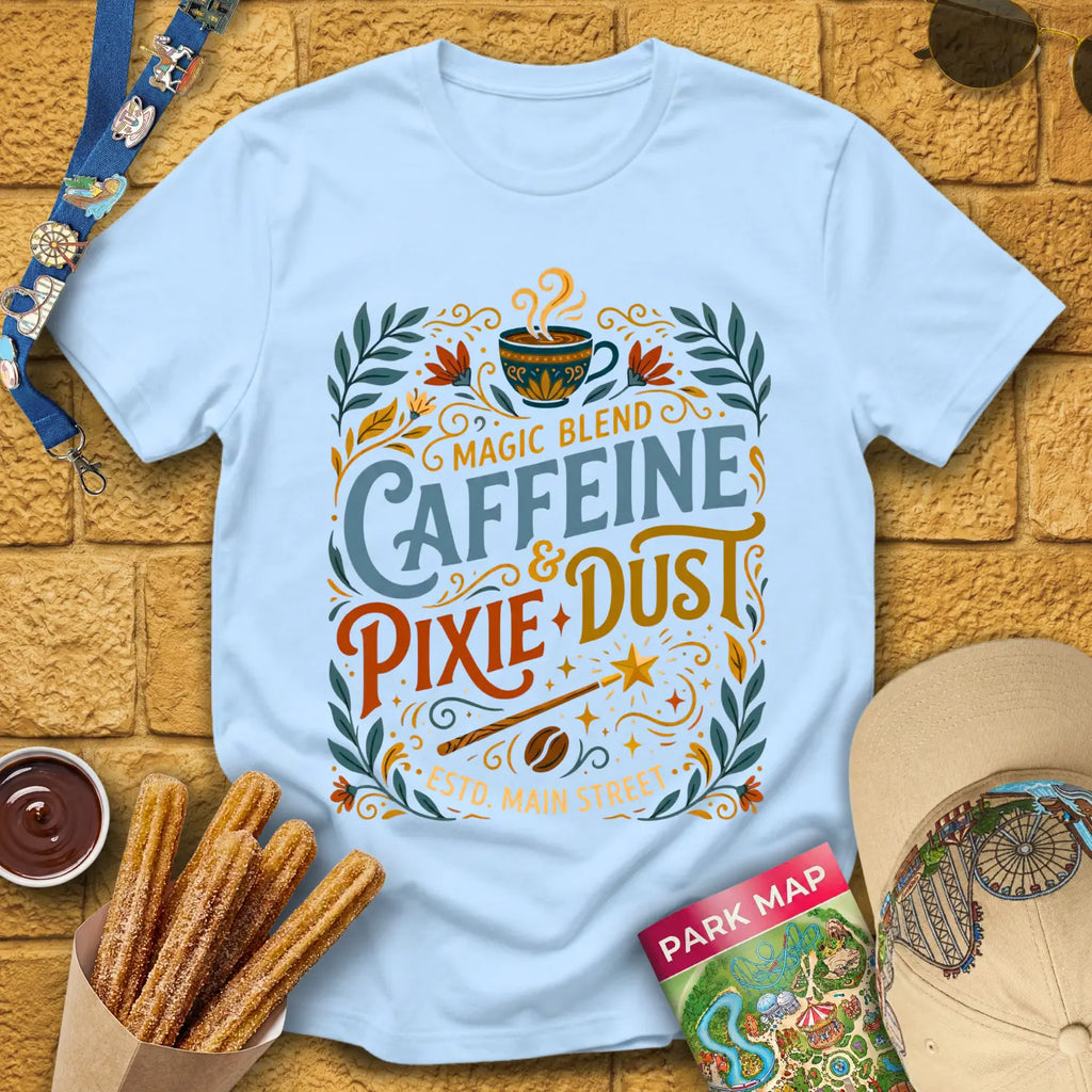 Caffeine & Pixie Dust [RetroBoho1] T-Shirt for Theme Park Fans (Light Blue)
