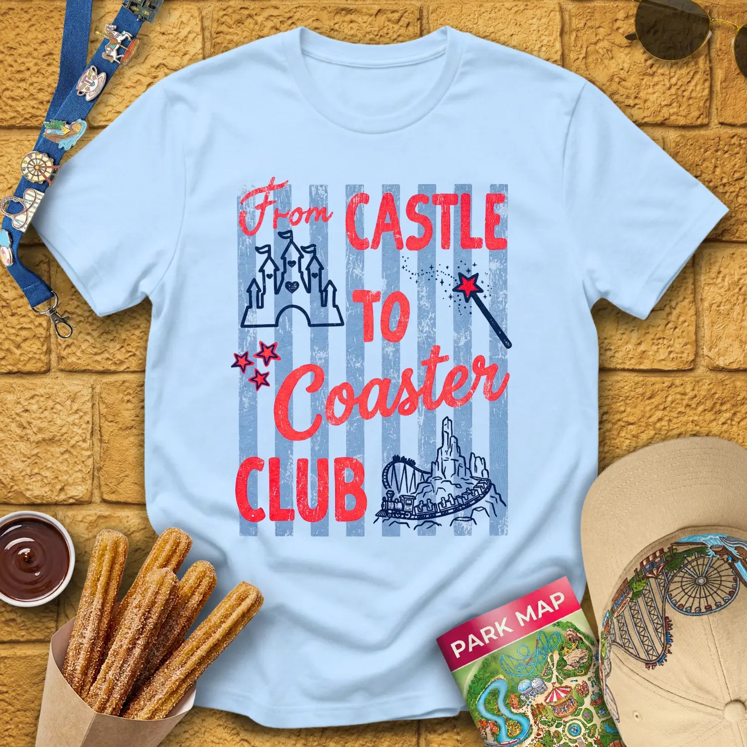 Castle Coaster Club [Distressed] T-Shirt for Theme Park Fans (Light Blue)