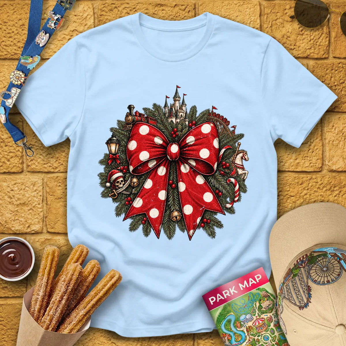 Christmas Ribbon [Vintage] T-Shirt for Theme Park Fans (Light Blue)