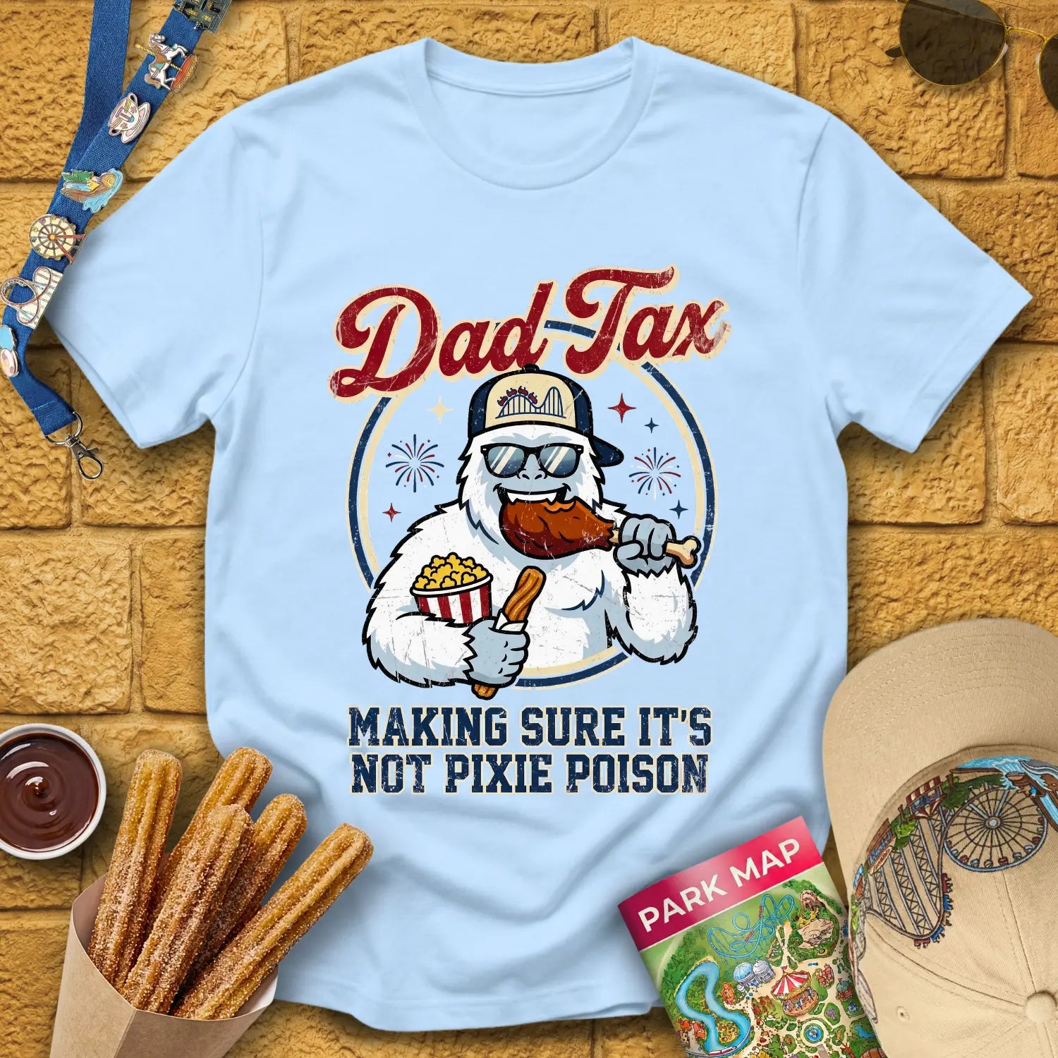 Dad Tax [Badge] T-Shirt for Theme Park Fans (Light Blue)