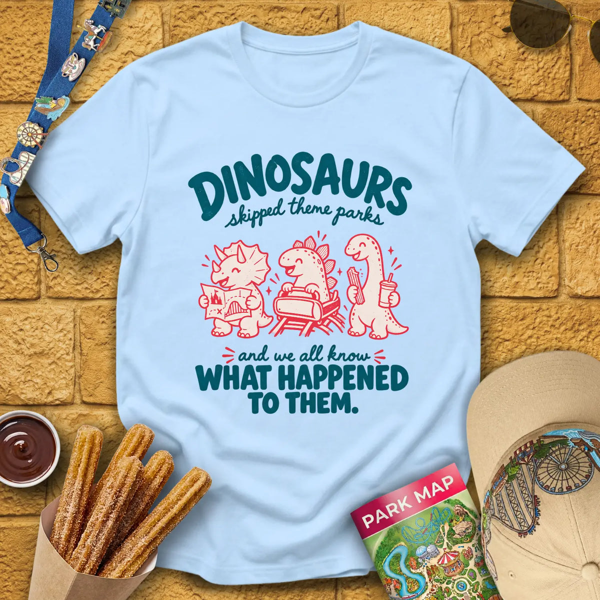 Dinosaurs Skipped Parks [Cutesy] T-Shirt for Theme Park Fans (Light Blue)