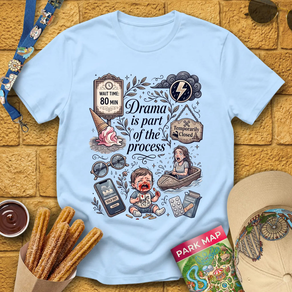 Drama Process [ArtComic] T-Shirt for Theme Park Fans (Light Blue)