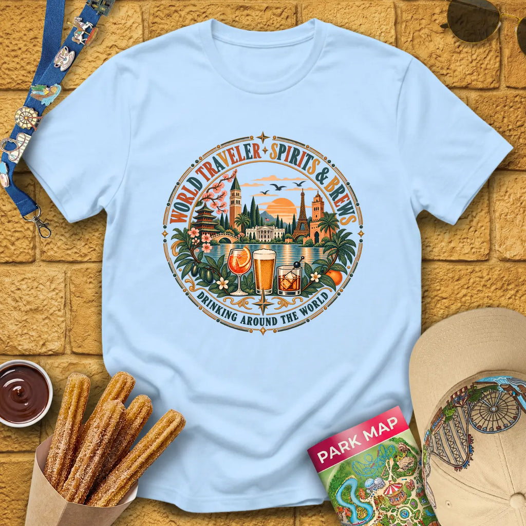 Drinking Around The World [Boho] T-Shirt for Theme Park Fans (Light Blue)