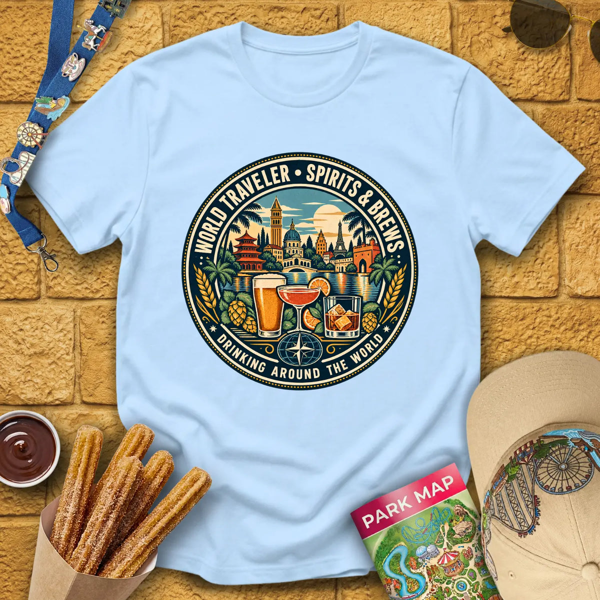 Drinking Around The World [Retro] T-Shirt for Theme Park Fans (Light Blue)