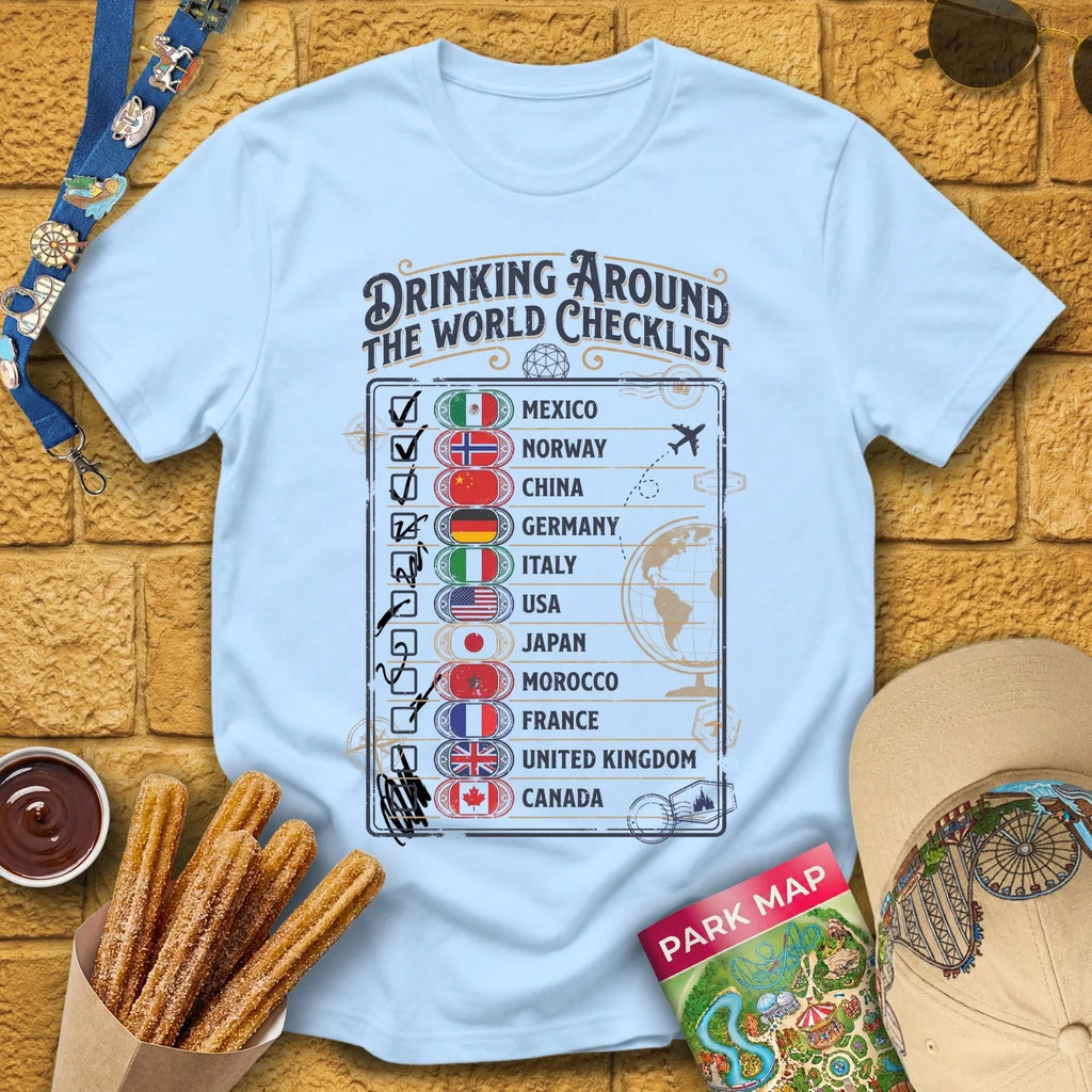 Drinking Checklist [Voyage] T-Shirt for Theme Park Fans (Light Blue)