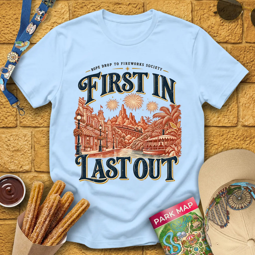 First In Last Out [Retro] T-Shirt for Theme Park Fans (Light Blue)