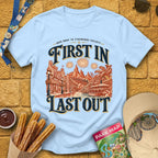 First In Last Out [Retro] T-Shirt for Theme Park Fans (Light Blue)