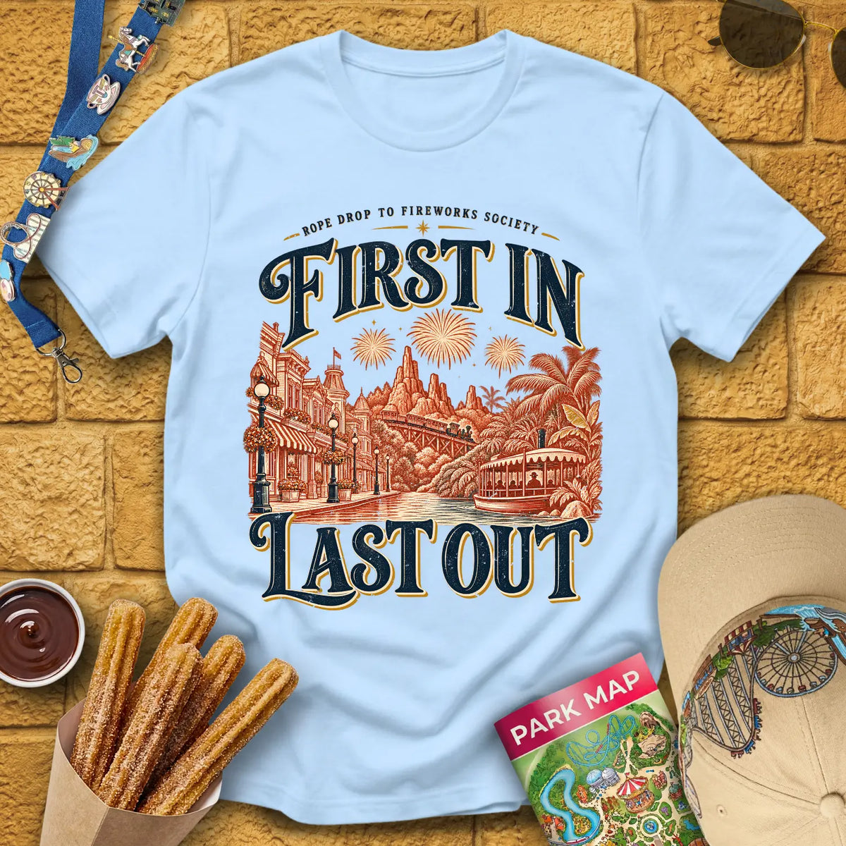 First In Last Out [Retro] T-Shirt for Theme Park Fans (Light Blue)