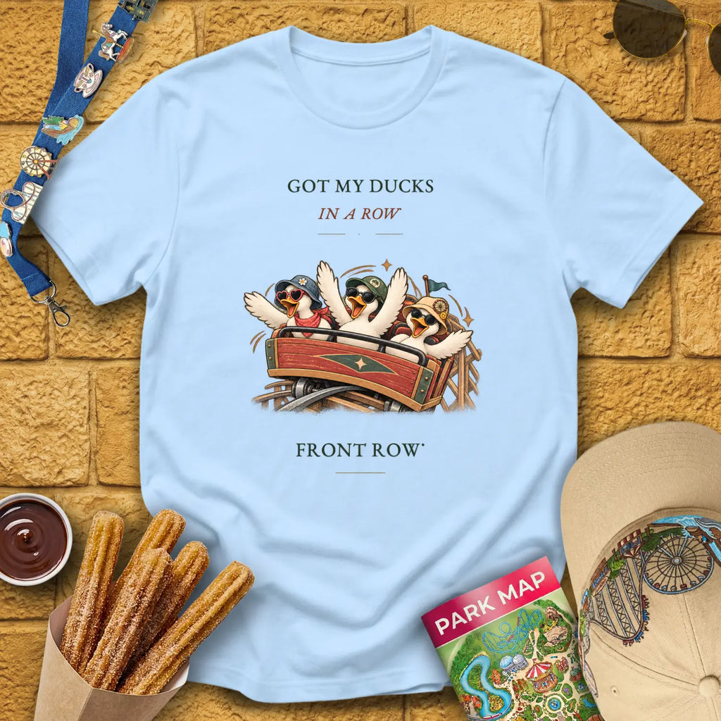 Front Row Ducks [RetroWhim] T-Shirt for Theme Park Fans (Light Blue)