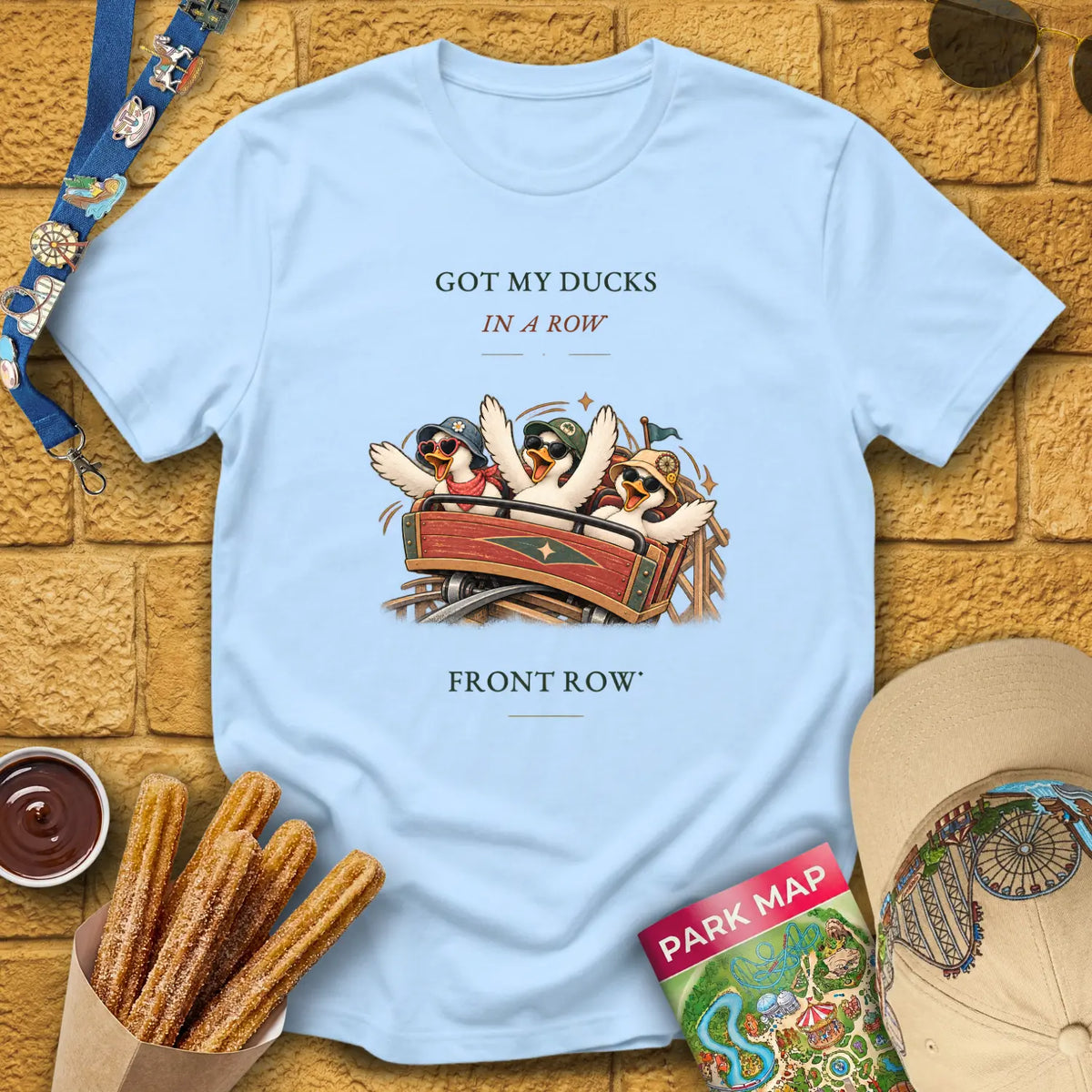 Front Row Ducks [RetroWhim] T-Shirt for Theme Park Fans (Light Blue)