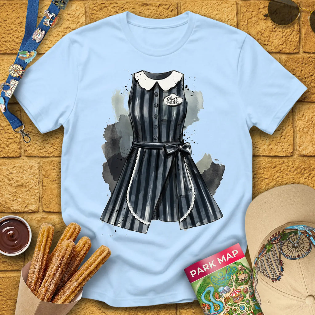 Ghost Hostess Dress [Artsy] T-Shirt for Theme Park Fans (Light Blue)