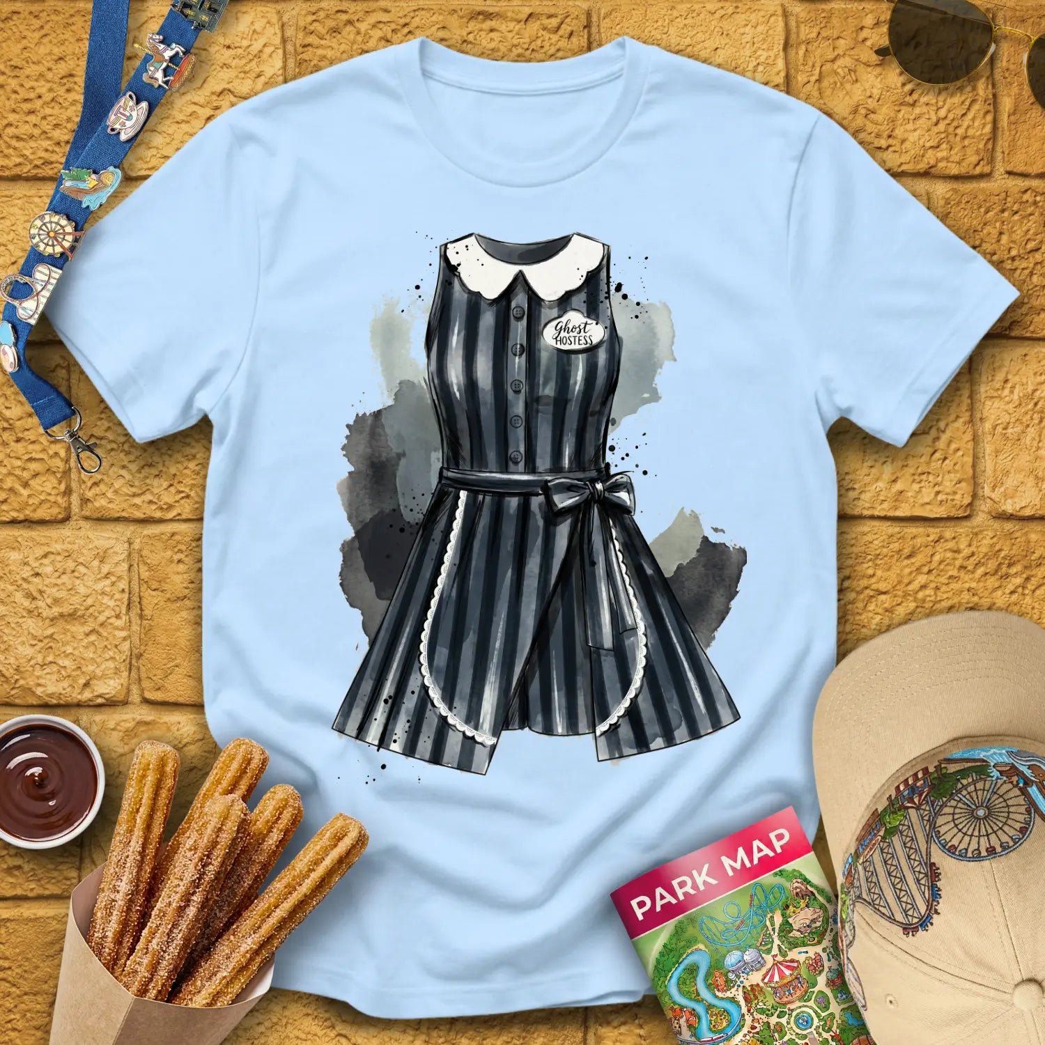 Ghost Hostess Dress [Artsy] T-Shirt for Theme Park Fans (Light Blue)
