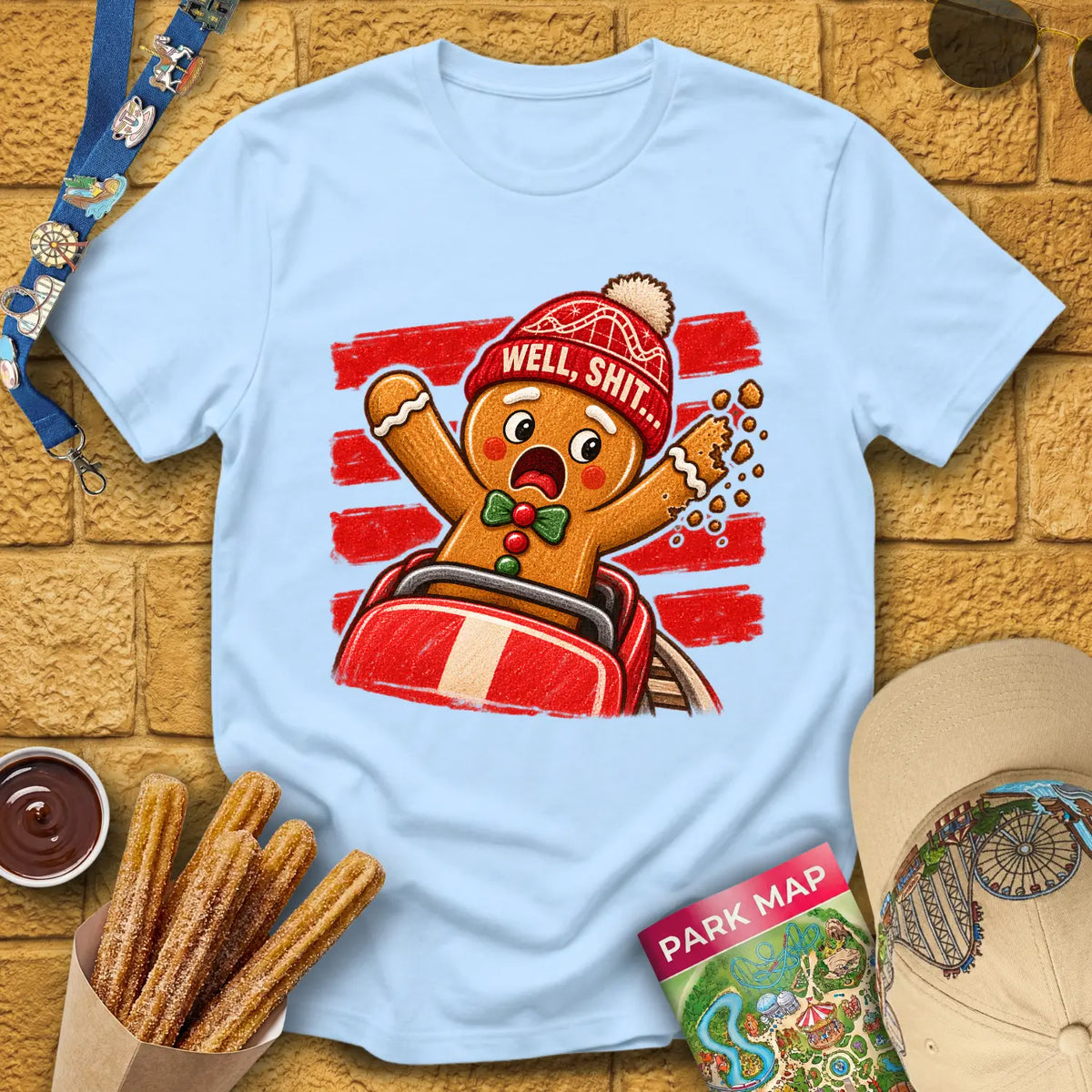 Gingerbread Man Fail [Striped] T-Shirt for Theme Park Fans (Light Blue)