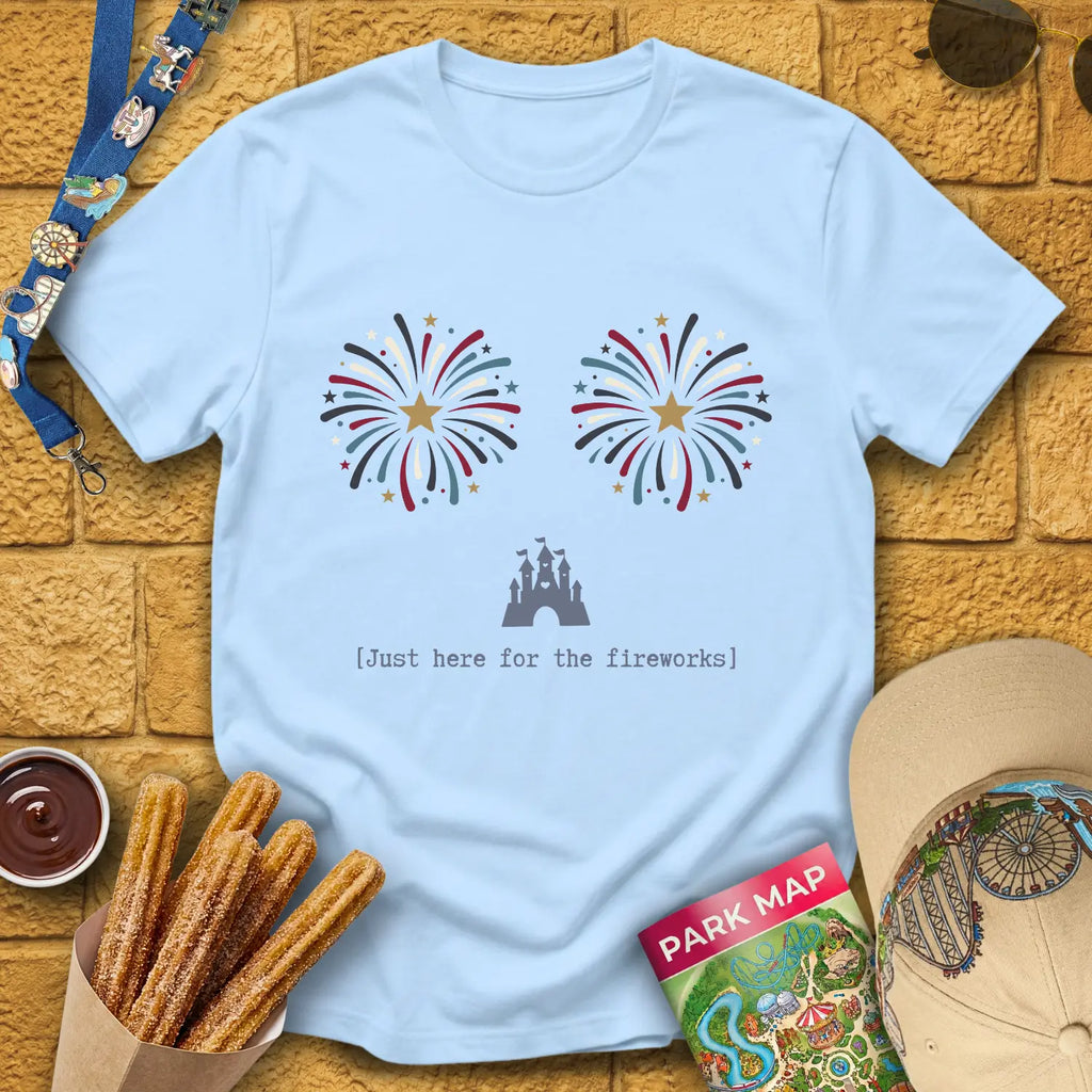 Here For Fireworks [Girly] T-Shirt for Theme Park Fans (Light Blue)