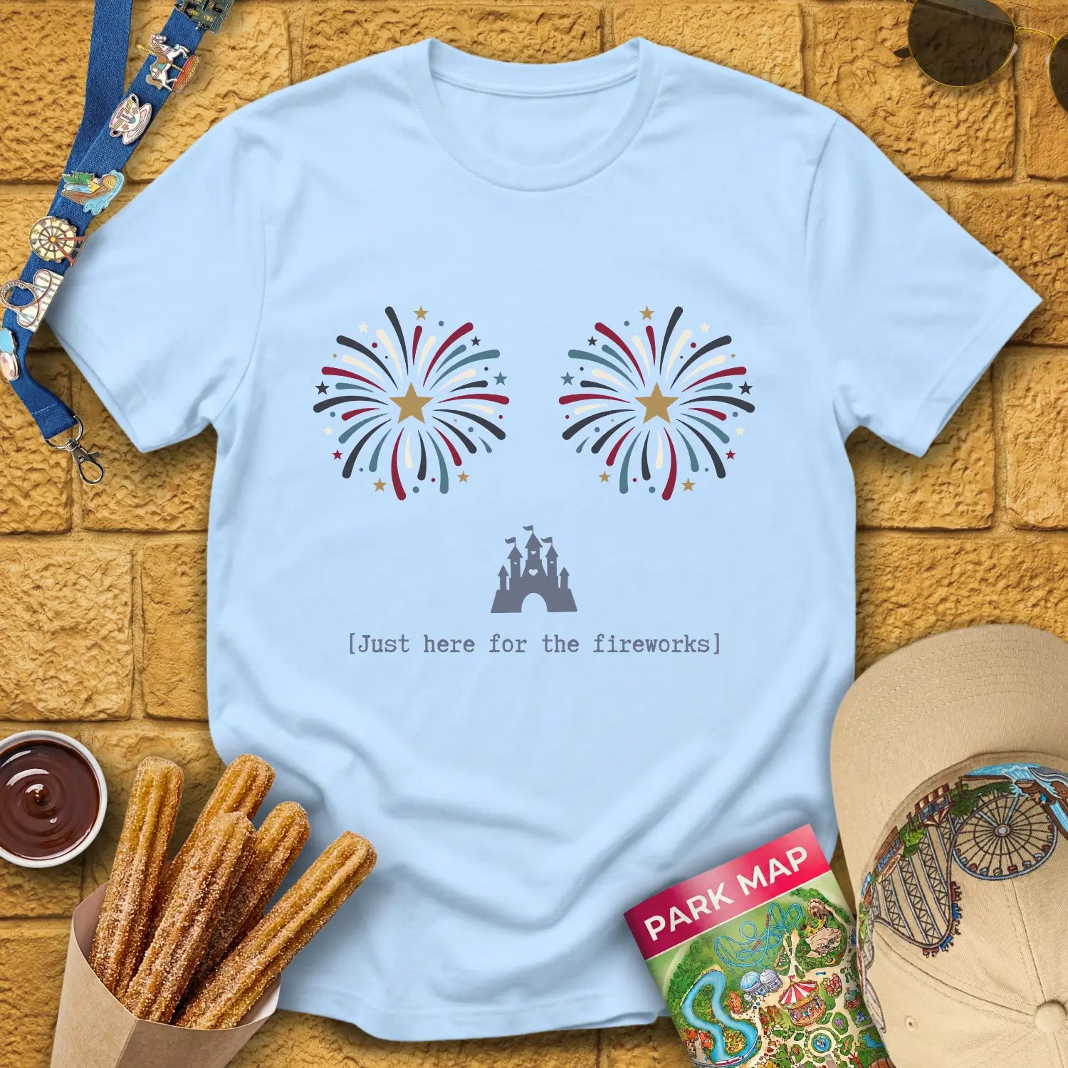 Here For Fireworks [Girly] T-Shirt for Theme Park Fans (Light Blue)
