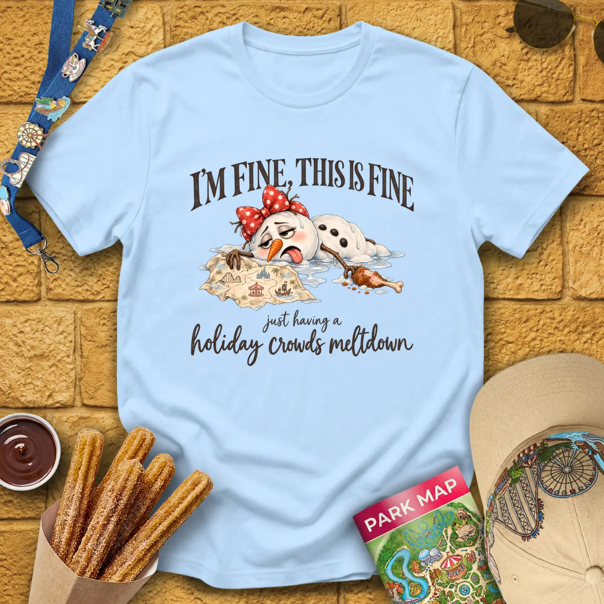 Holiday Crowds Meltdown [RetroFolk] T-Shirt for Theme Park Fans (Light Blue)