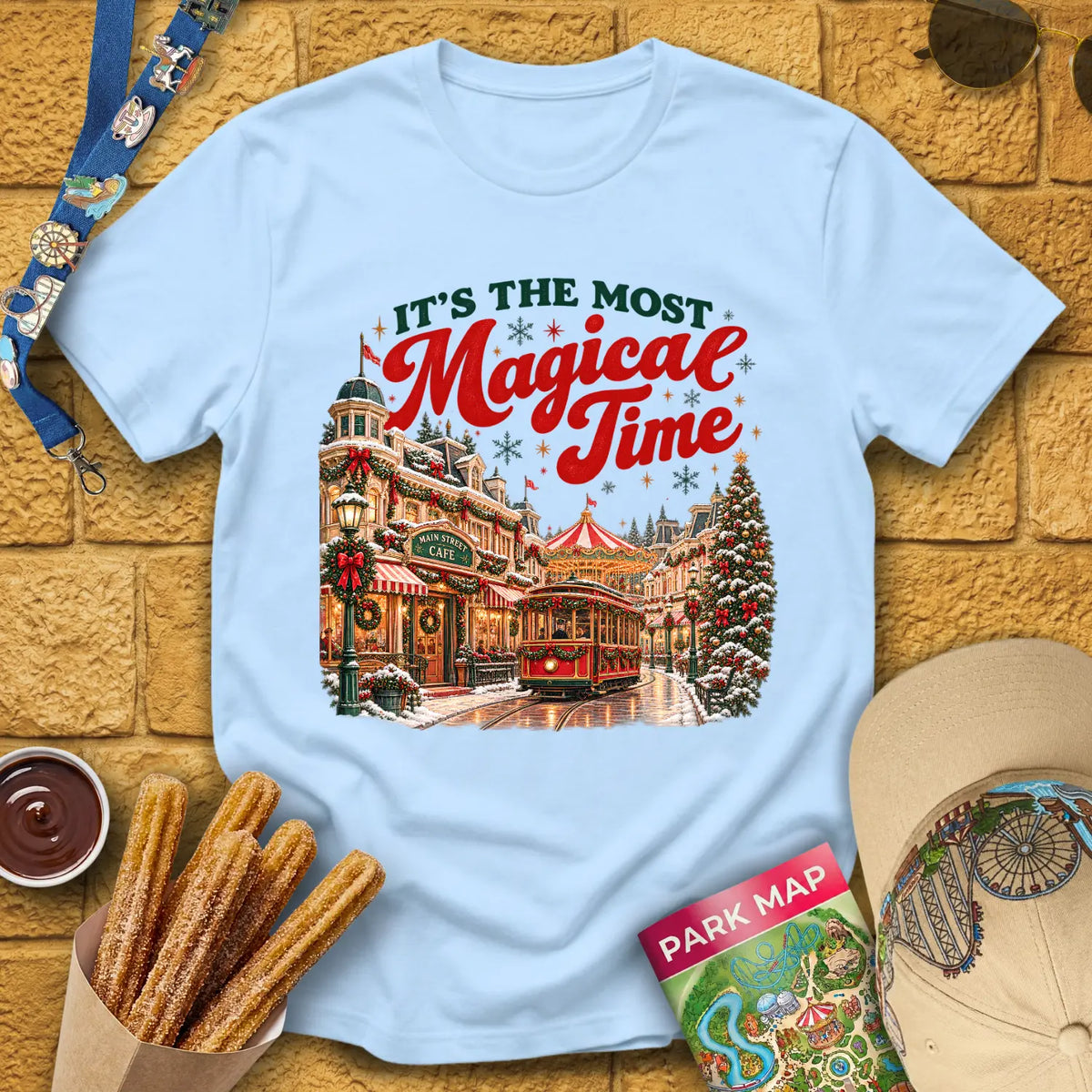 Magical Time Street [Retro] T-Shirt for Theme Park Fans (Light Blue)