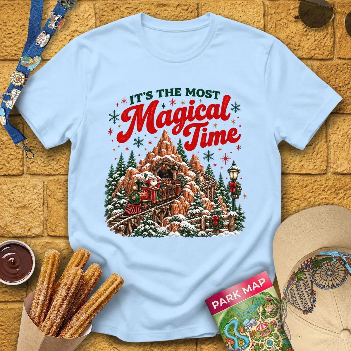 Magical Time Train [Retro] T-Shirt for Theme Park Fans (Light Blue)