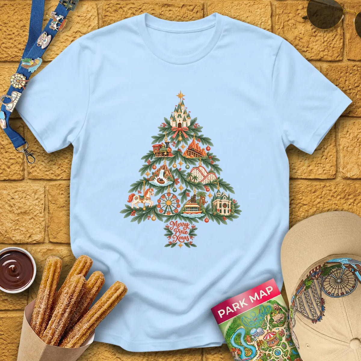 Merry Pixie Tree [FolkBoho] T-Shirt for Theme Park Fans (Light Blue)