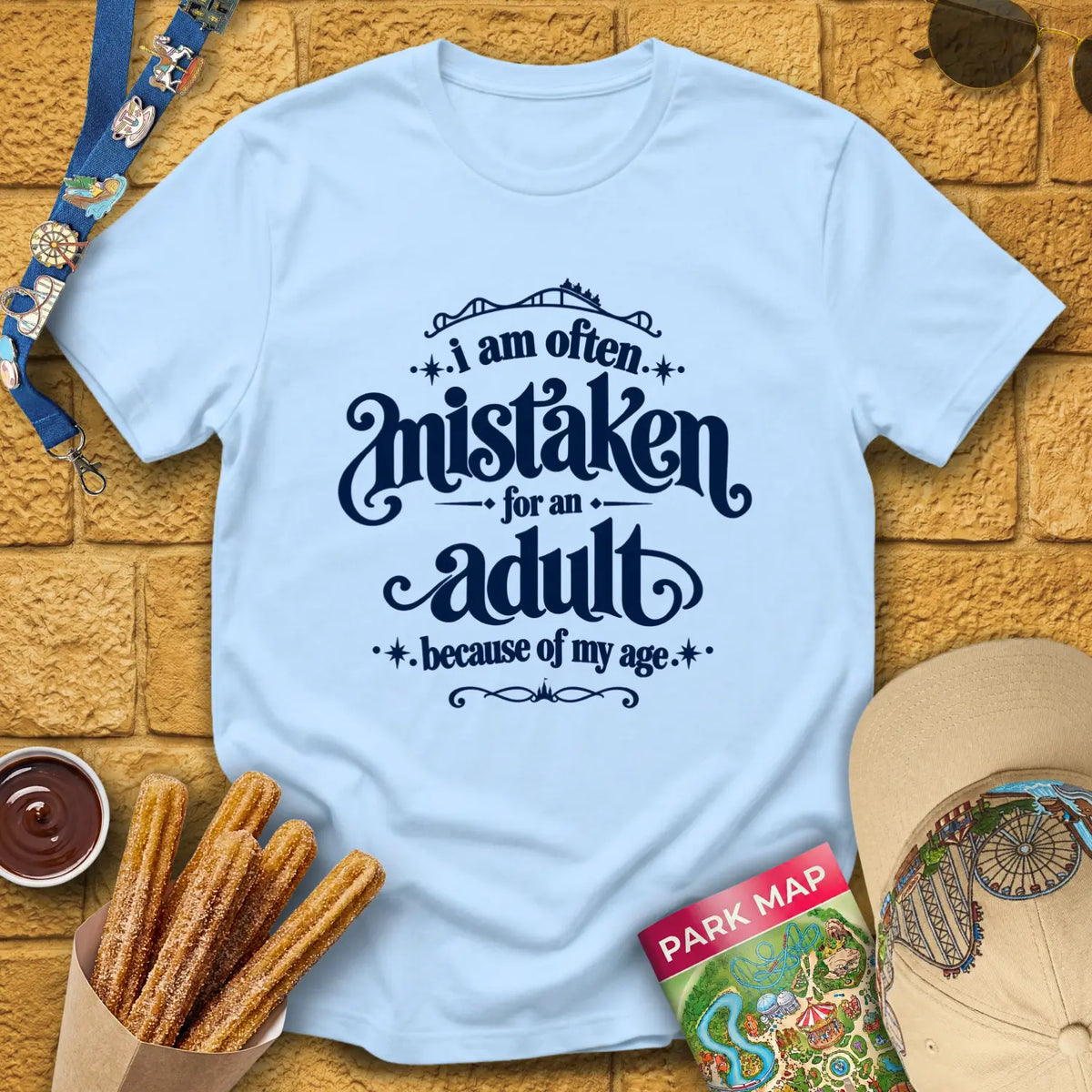 Mistaken For Adult [Victorian] T-Shirt for Theme Park Fans (Light Blue)
