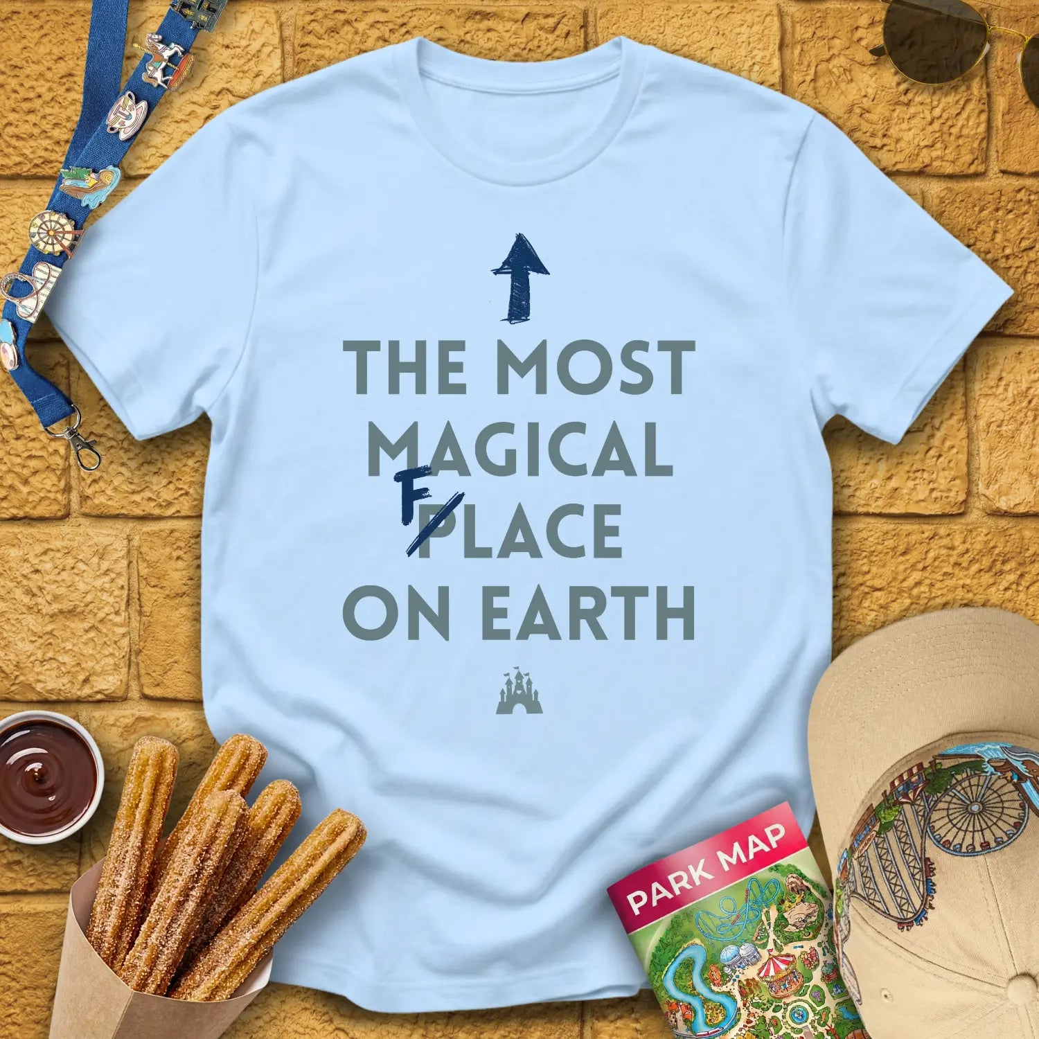 Most Magical Face [Sleek] T-Shirt for Theme Park Fans (Light Blue)
