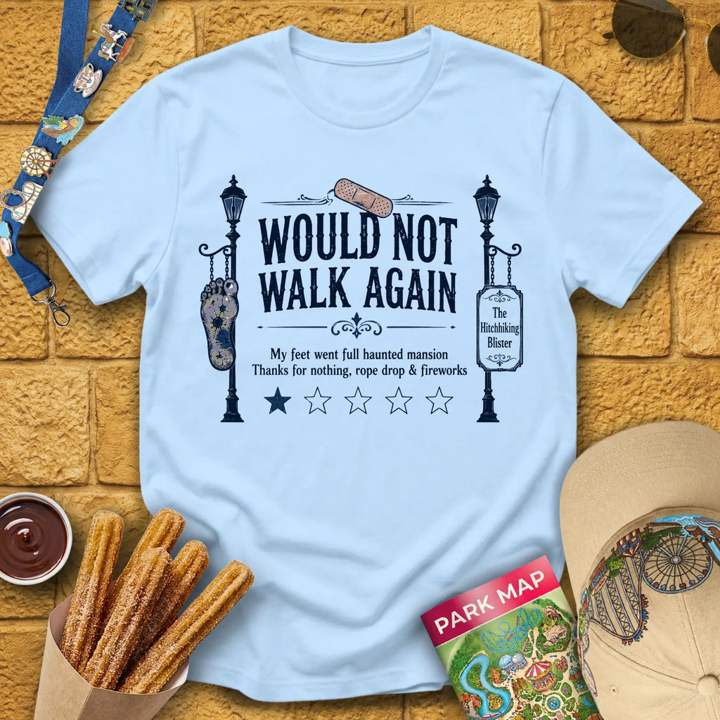 Not Walk Again [Haunted] T-Shirt for Theme Park Fans (Light Blue)
