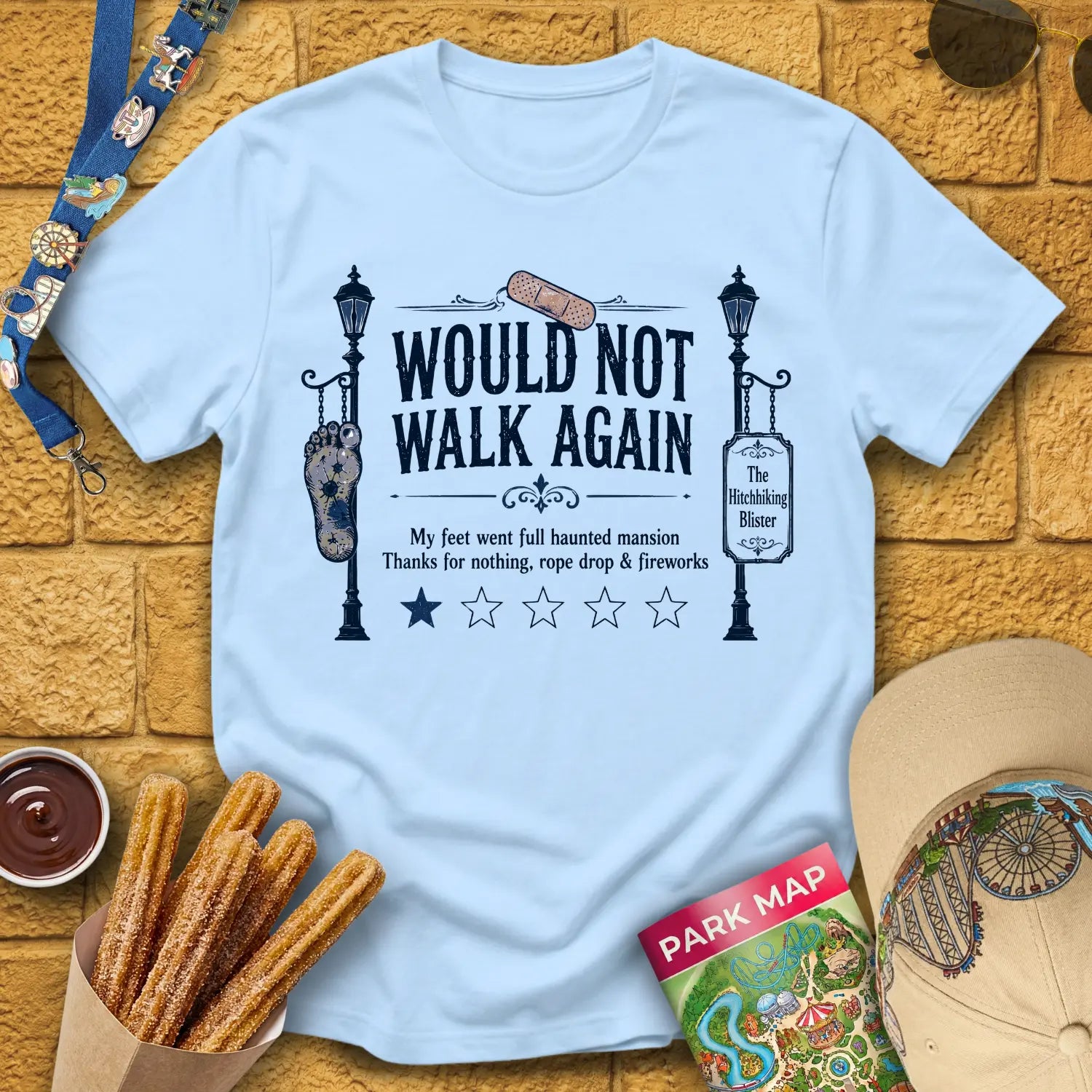 Not Walk Again [Haunted] T-Shirt for Theme Park Fans (Light Blue)